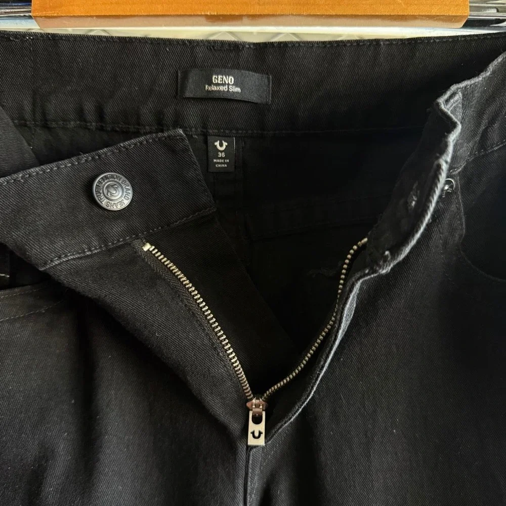 True Religion Geno Relaxed Slim Black Jeans Horseshoe Stitch Mens 36x31.5